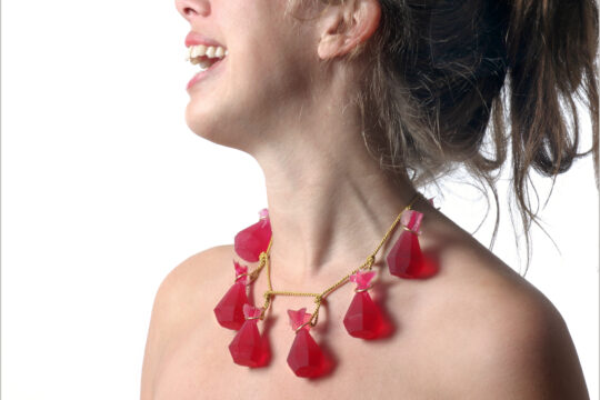 Rubyfruits, 
Ruby necklace
Necklace with cast ruby crystals dyed in resin with 18 carat gold chain.
Photo Dorte Krogh