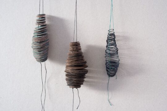 Coppersuite, Marronsuite, Silver suite, 3 necklaces, patinated copper, chestnut-colored cardboard, silver, silk, 2024, 110 x 50, 120 x 40, 100 x 30 mm, Photo Ruth Gilmour